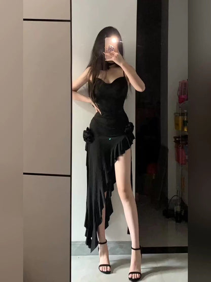 Simple Sheath Spaghetti Straps Black Satin Vacation Beach Dress Long Birthday Dresses SD006