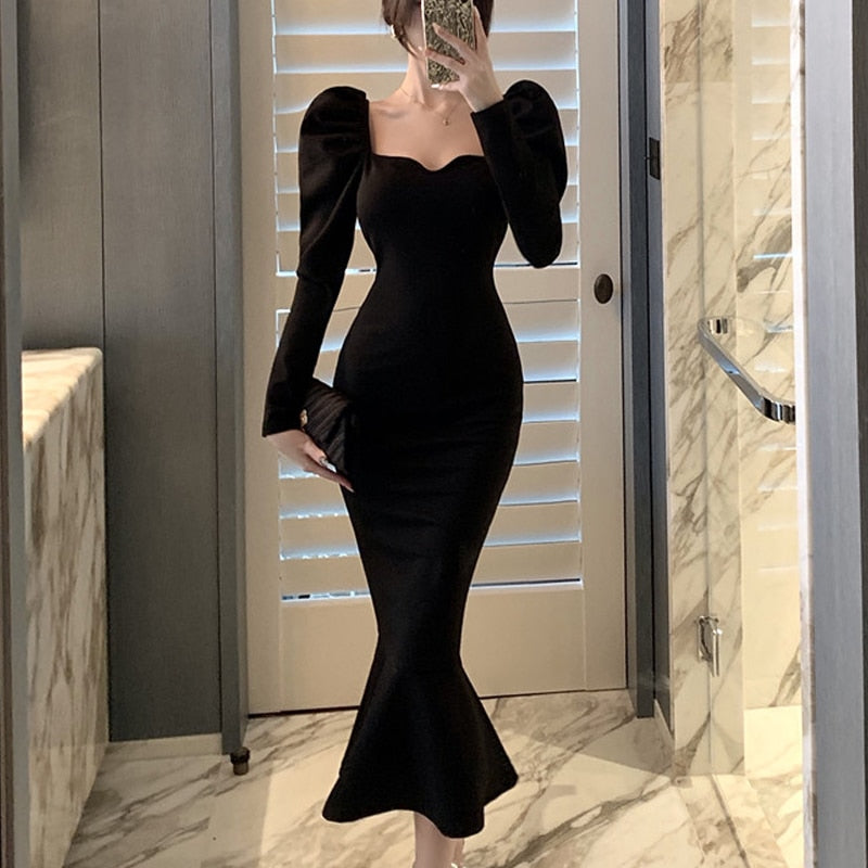 loveedsTM- Elegant Mermaid Black Long Dress Women Korean One Piece Vintage Gothic Evening Party Dress Autumn Casual Hepburn Slim Dress 2024