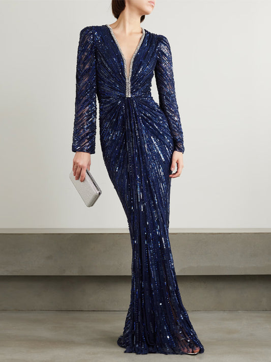 V-neck Sequins Maxi Dress