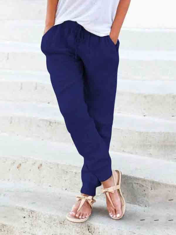 Cotton And Linen Comfortable Rib Elastic Waist Women's Trousers