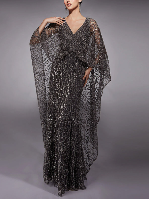 V-Neck Lace Sequins Maxi Dress