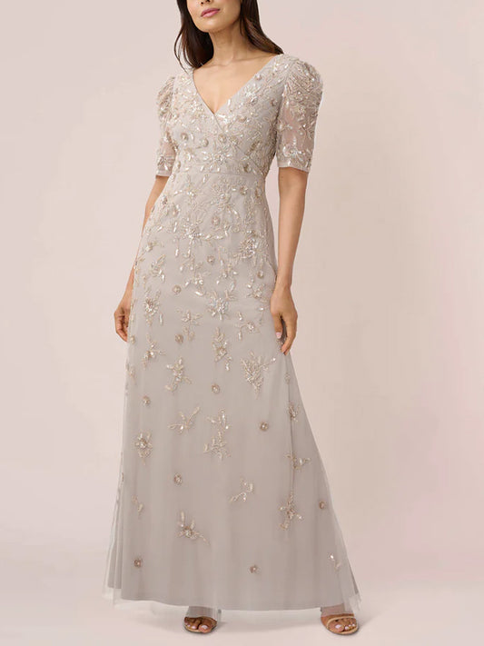 V-Neck Short Sleeves Beaded Maxi Dress