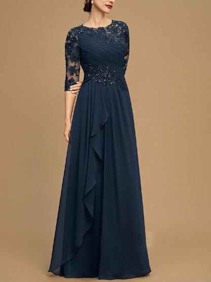 Round Neck Lace Solid Color Mesh Maxi Dress
