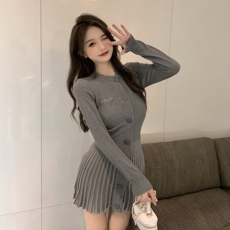 loveedsTM- Fashion Korean Mini Dresses Female Autumn Winter 2024 Sexy Bodycon  Wrap White Short Women&#39;s Sweater Knitted One-piece Dress Hit