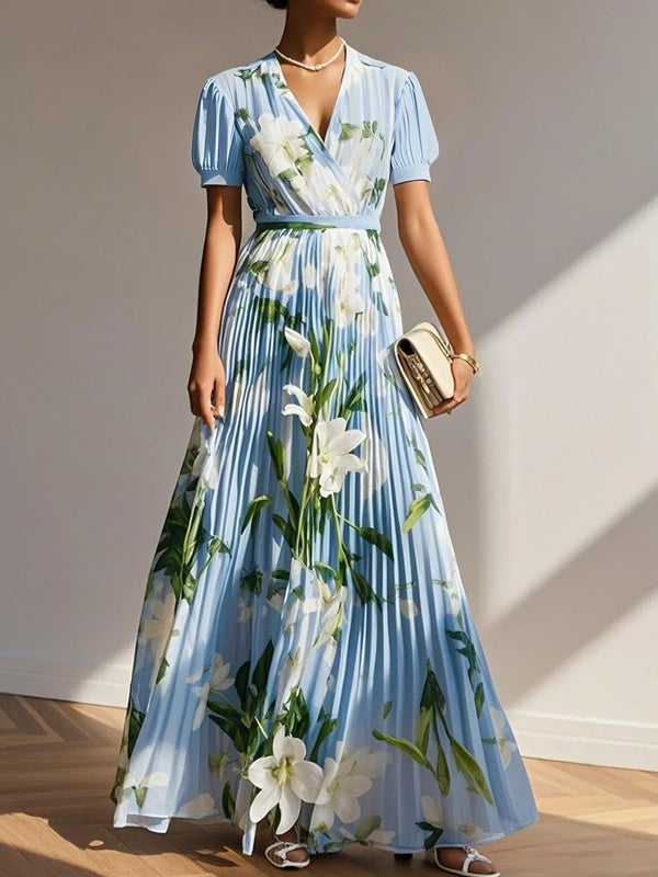 Pleated Floral Chiffon V Neck Short Sleeve Balloon Sleeve A-Line Maxi Dress