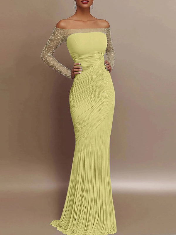 Evening Prom Gown Off Shoulder Glitter Pleated Light Blue Maxi Dress