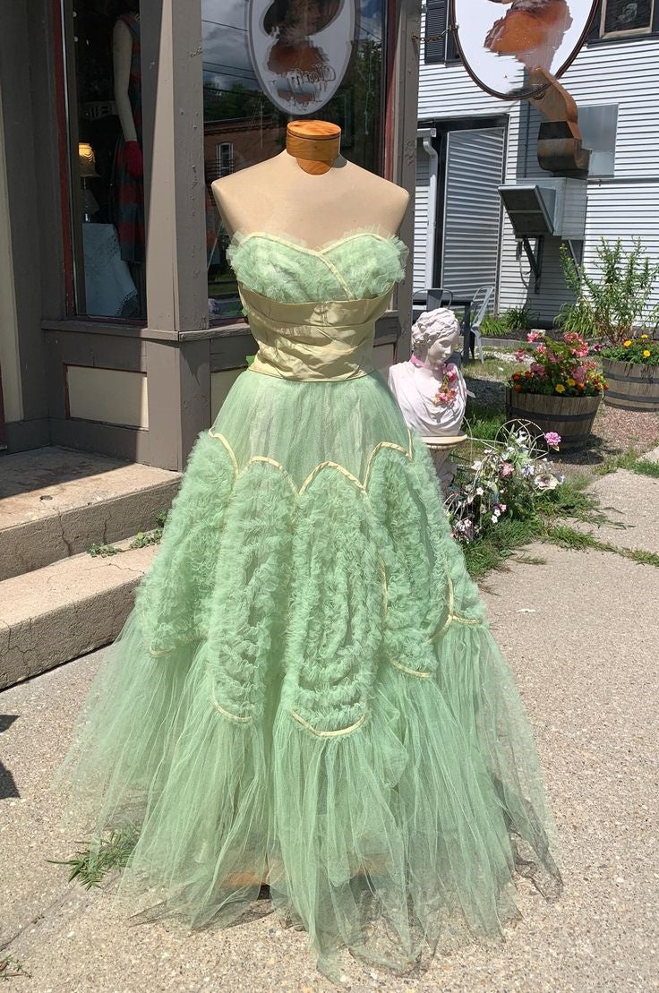 Light green retro elegant fashion long tulle lace prom dress evening dress graduation prom gh3670