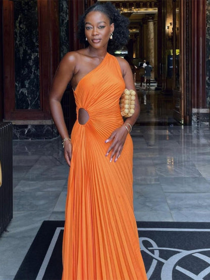 loveedsTM-Lady Roll Waist Sleeveless Pleated Ruched A-line Dress Women One Shoulder Sexy Prom Evening Dresses New Fahion Chothing