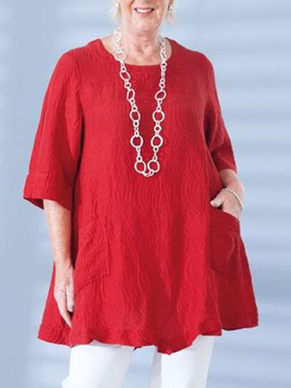 Women's Loose Blouse With Round Neck And Middle Sleeves