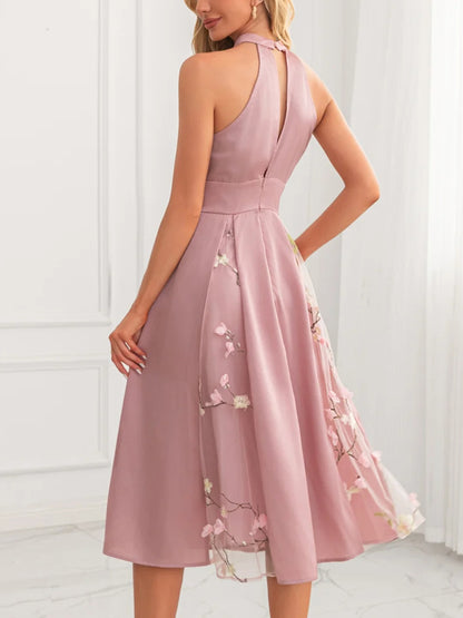 Halter A-line Jacquard Satin Midi Dress