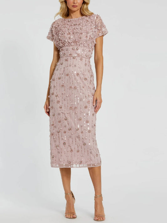 Round Neck Sequined Solid Color Midi Dress