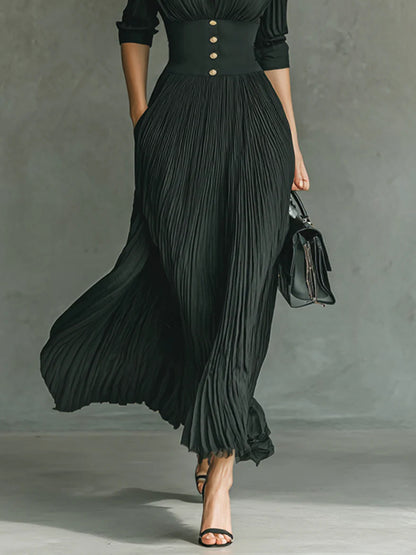 Chiffon Pleated Elegant Shirt Collar Women's Dress