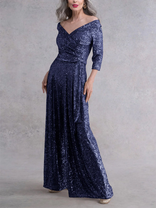 V-Neck Solid Sequined Long-Sleeved Jumpsuit