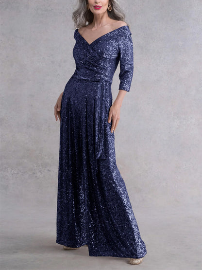 V-Neck Solid Sequined Long-Sleeved Jumpsuit