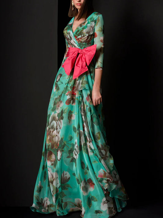 Three-quarter Sleeve Printed Chiffon Dress