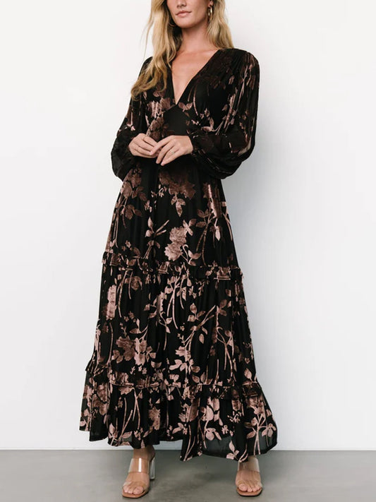 V-neck Corduroy Print Maxi Dress