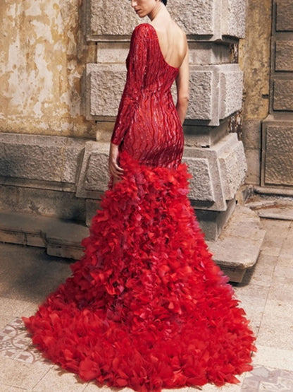 One Shoulder Embroidered Fit and Flare Gown