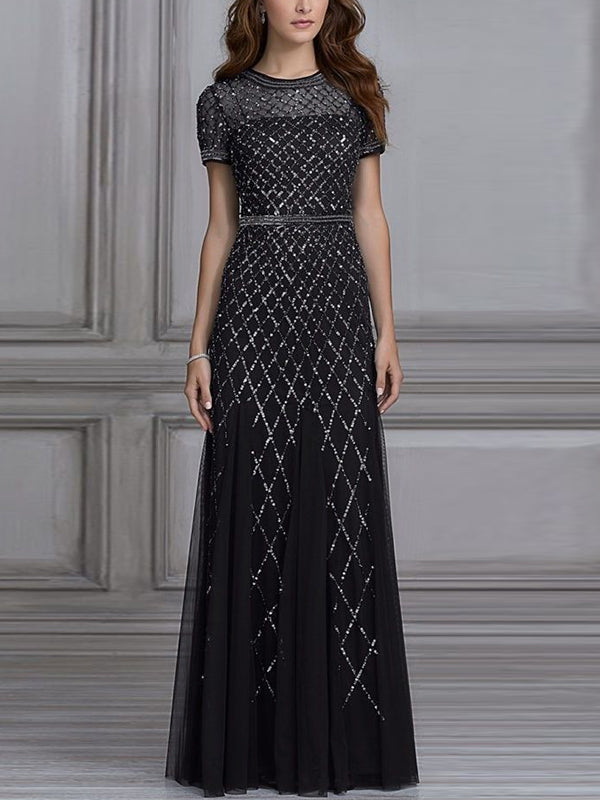 Round neck sequined mesh maxi dress