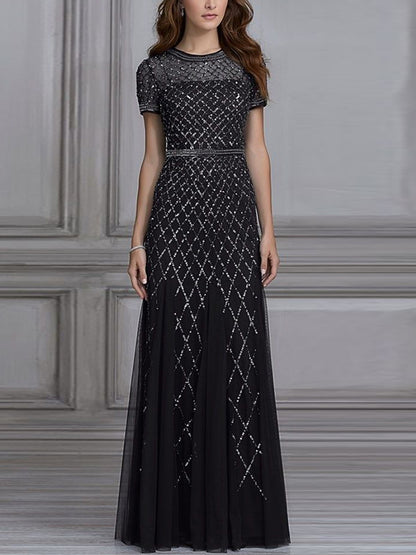 Round neck sequined mesh maxi dress