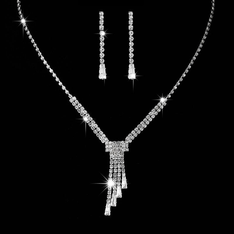 Brilliant Full Diamond Zircon Drop Necklace and Earrings Set