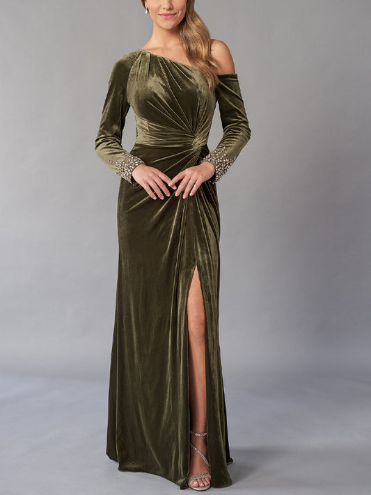 Off-shoulder Corduroy Solid Color Maxi Dress