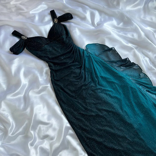 Teal Fashion Shiny Gradient Straps Long Elegant Chiffon Ruffle Formal Prom Dress, Evening Dress, Party Dress gh3505
