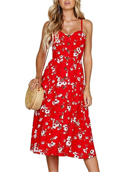 loveedsTM- Boho Sexy Floral Dress Summer Vintage Casual Sundress Female Beach Dress Midi Button Backless Polka Dot Striped Women Dress