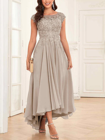 Round Neck Solid Color Lace Midi Dress