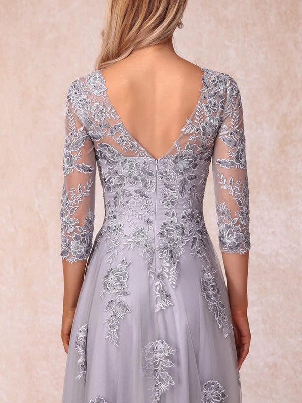 A-Line/Princess Sheer Neck Half Sleeves Long Formal Evening Dresses with Beading & Appliques