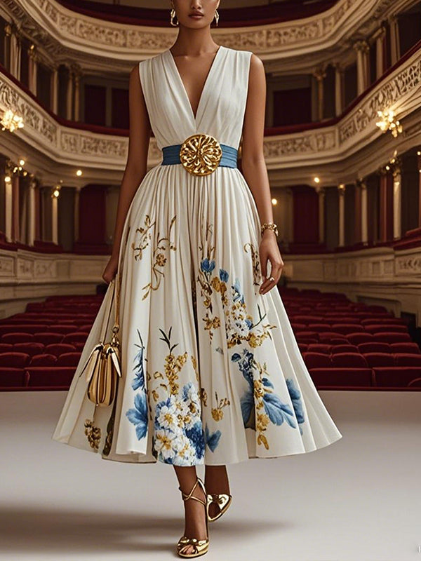 White V-neck Printed Sleeveless Midi Dress
