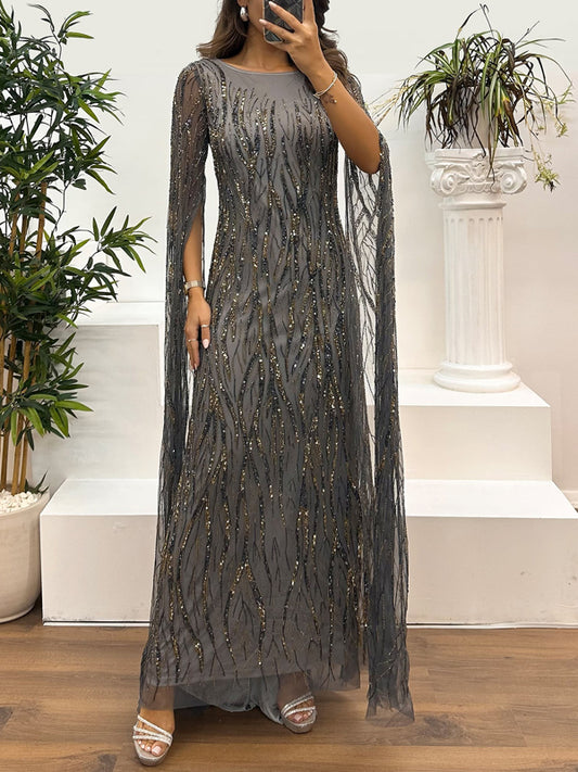 Round Neck Solid Color Sequins Maxi Dress