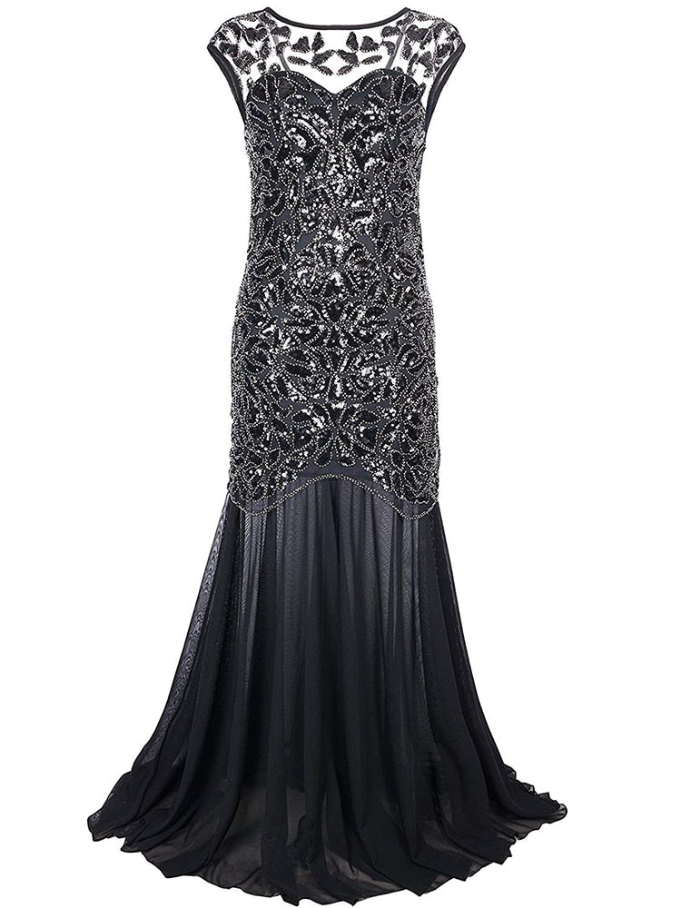loveedsTM-Vestidos Vintage Mujer Sequins Beading Long Evening Dresses Formal Round Neck Lace Long Sexy Women Party Special Occasion