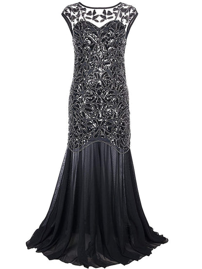 loveedsTM-Vestidos Vintage Mujer Sequins Beading Long Evening Dresses Formal Round Neck Lace Long Sexy Women Party Special Occasion