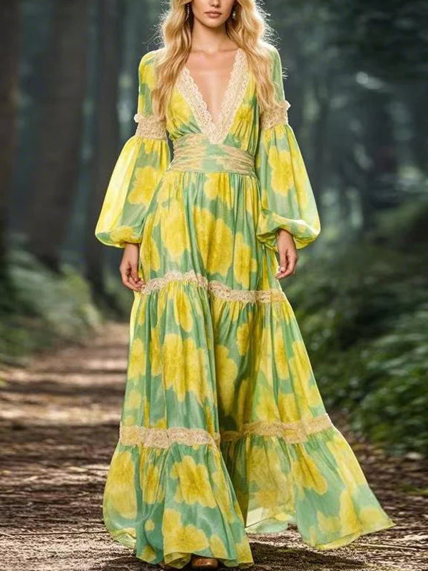 Lace Edge Temperament Print Women's Dress