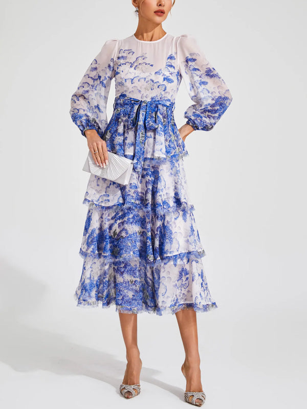 Round Neck Long Sleeves Printed Midi Dress