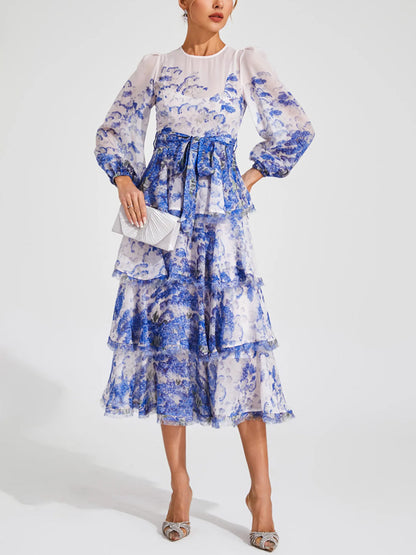 Round Neck Long Sleeves Printed Midi Dress