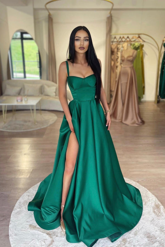 Dark Green Satin Long Prom Dress, Beautiful A-Line Evening Dress Party Dress