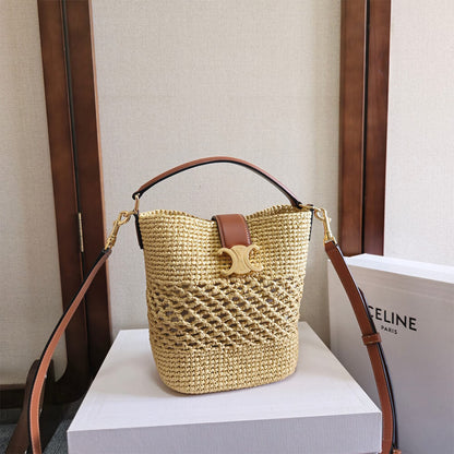 CELINE SMALL LOUISE BUCKET IN RAFFIA AND CALFSKIN