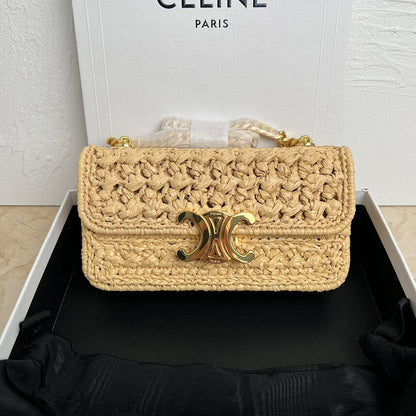 CELINE CHAIN SHOULDER BAG CLAUDE IN RAFFIA EFFECT TEXTILE