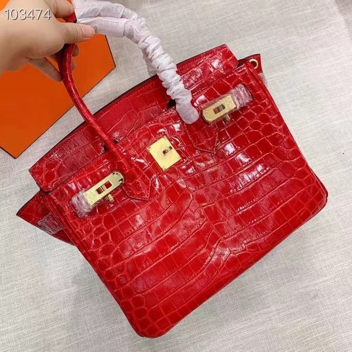 H A SHINY SANGUINE POROSUS CROCODILE BIRKIN 30 WITH GOLD HARDWARE RED 30CM
