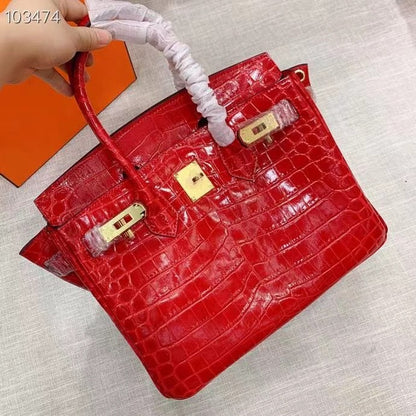 H A SHINY SANGUINE POROSUS CROCODILE BIRKIN 30 WITH GOLD HARDWARE RED 30CM