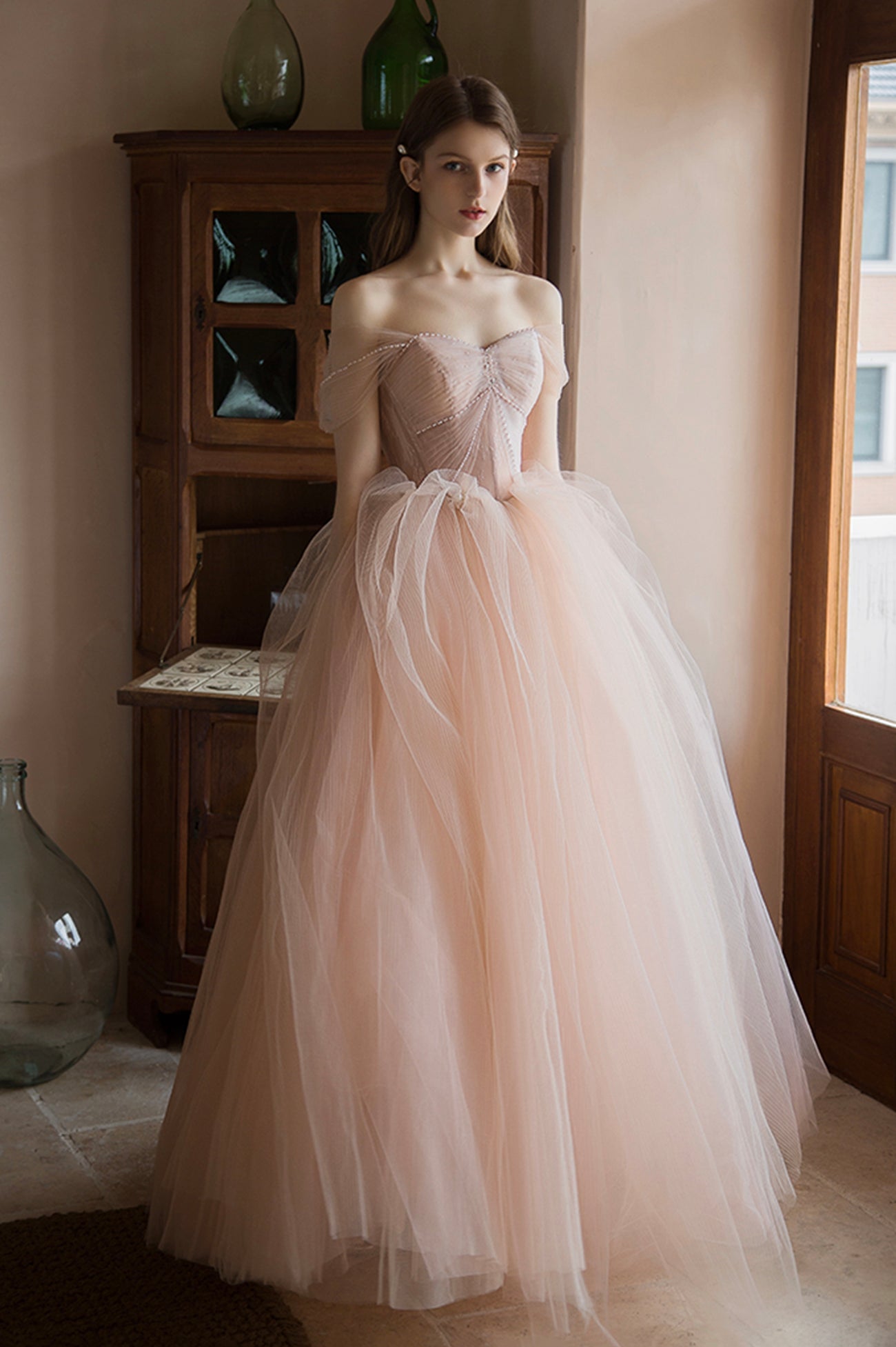 Pink Tulle Lace Long A-Line Prom Dress, Lovely Off the Shoulder Party Dress