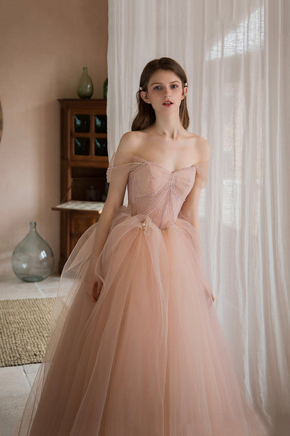 Pink Tulle Lace Long A-Line Prom Dress, Lovely Off the Shoulder Party Dress