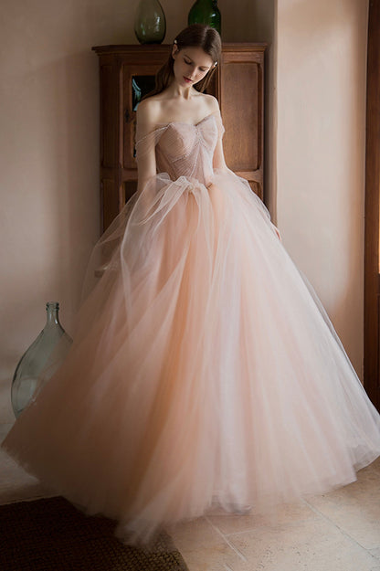 Pink Tulle Lace Long A-Line Prom Dress, Lovely Off the Shoulder Party Dress