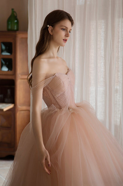 Pink Tulle Lace Long A-Line Prom Dress, Lovely Off the Shoulder Party Dress