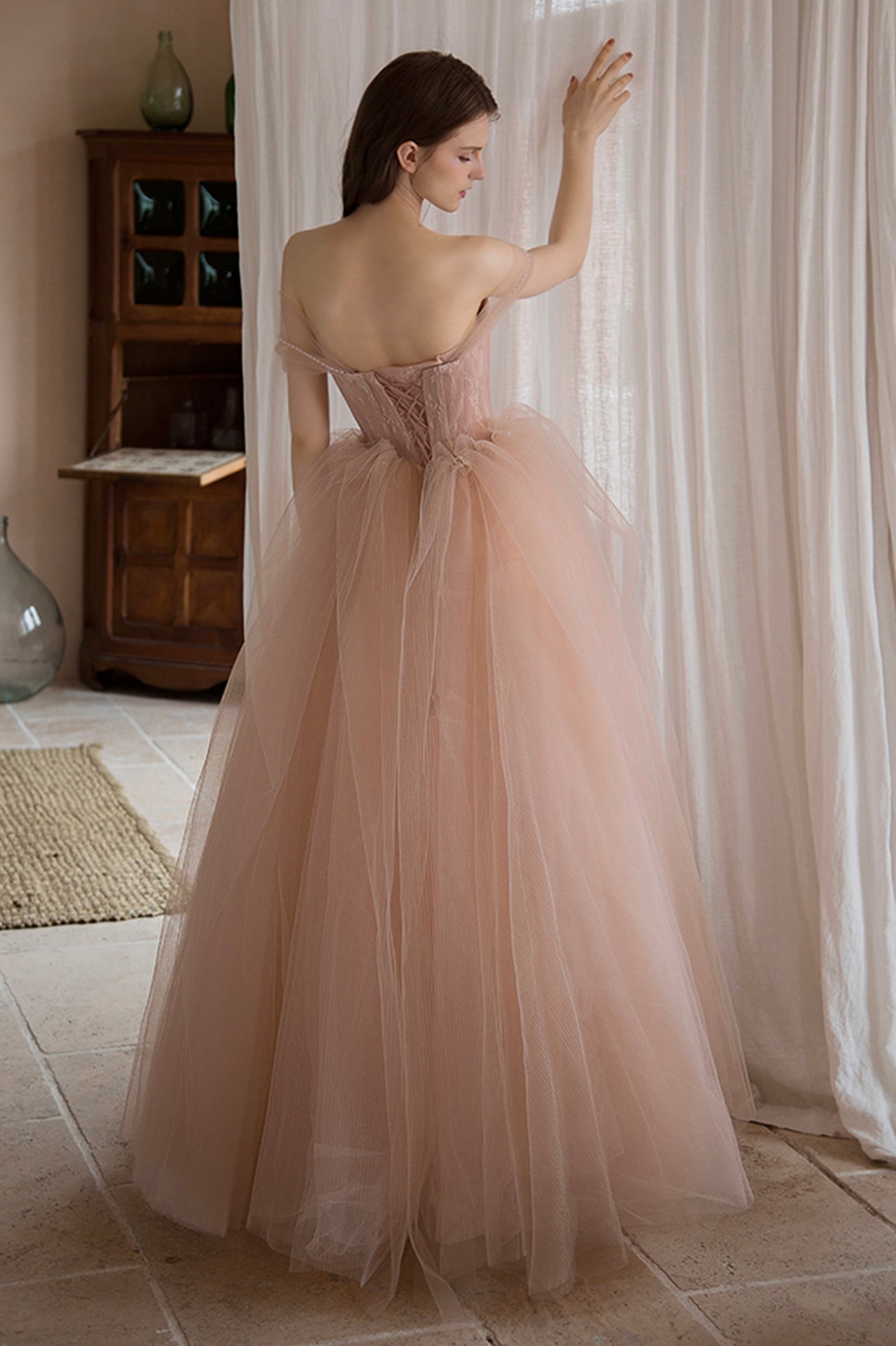 Pink Tulle Lace Long A-Line Prom Dress, Lovely Off the Shoulder Party Dress