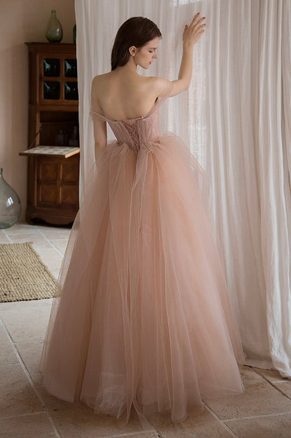 Pink Tulle Lace Long A-Line Prom Dress, Lovely Off the Shoulder Party Dress