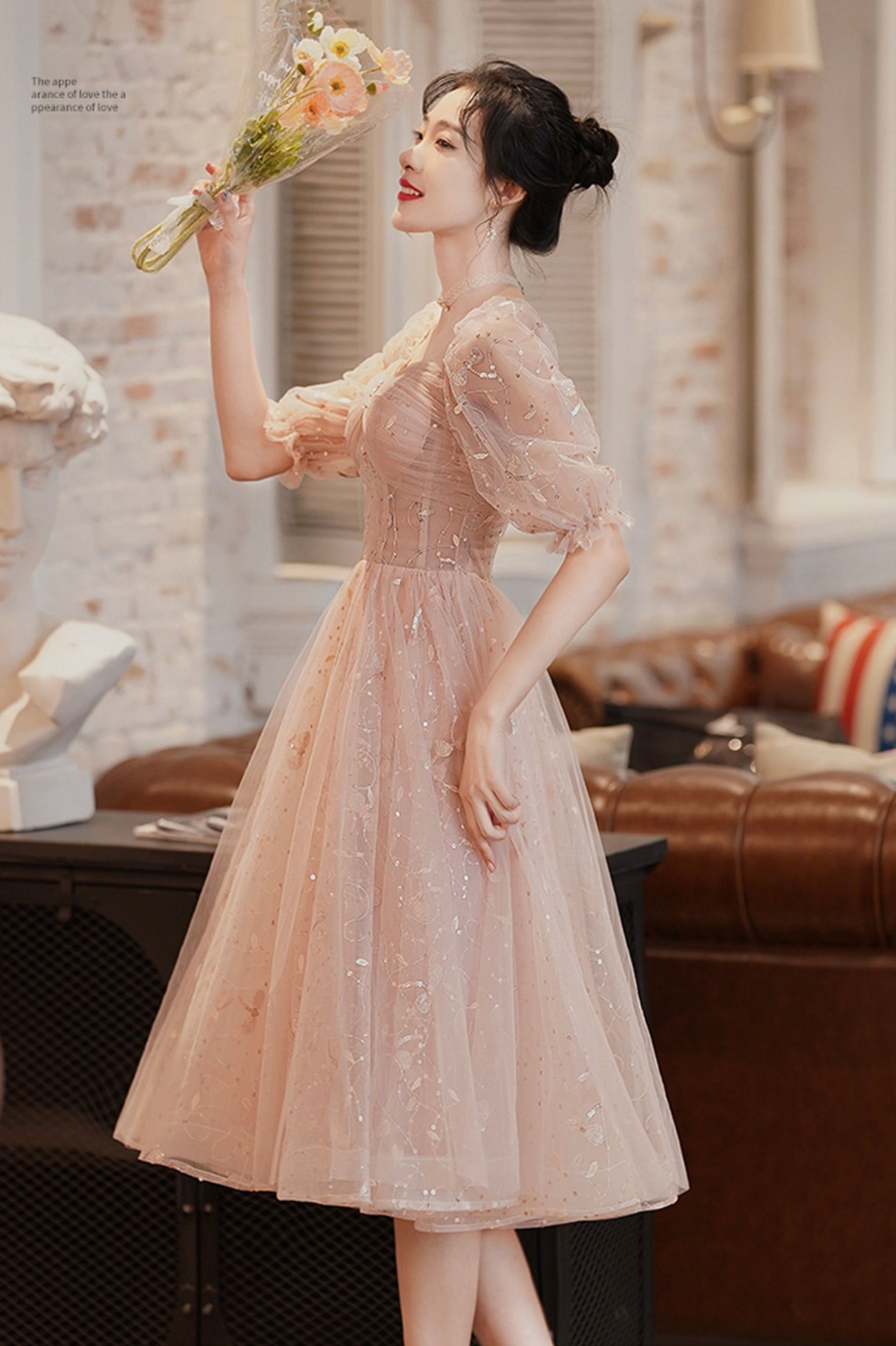 Pink Tulle Short Homecoming Dress, Cute Short Sleeve Party Dress