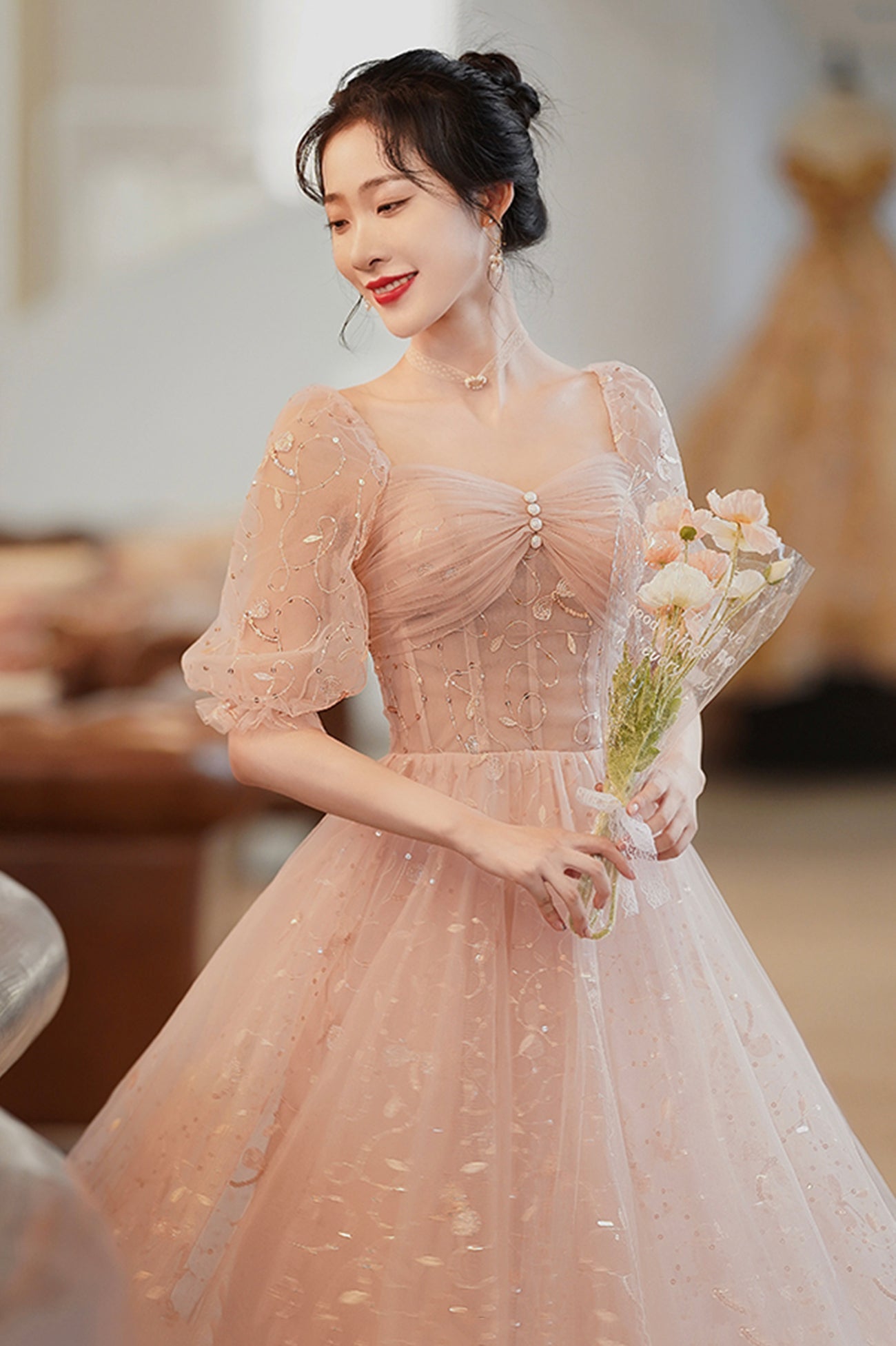 Pink Tulle Short Homecoming Dress, Cute Short Sleeve Party Dress