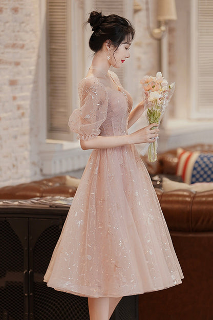 Pink Tulle Short Homecoming Dress, Cute Short Sleeve Party Dress